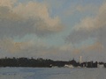 A plein air oil painting of the view from South Lake Union Park across to the University District.